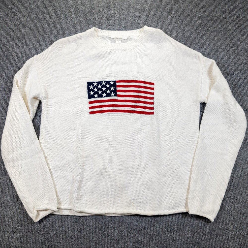 BRIT.NY Womens American Flag White Knit Sweater Small Cotton Pullover Academia